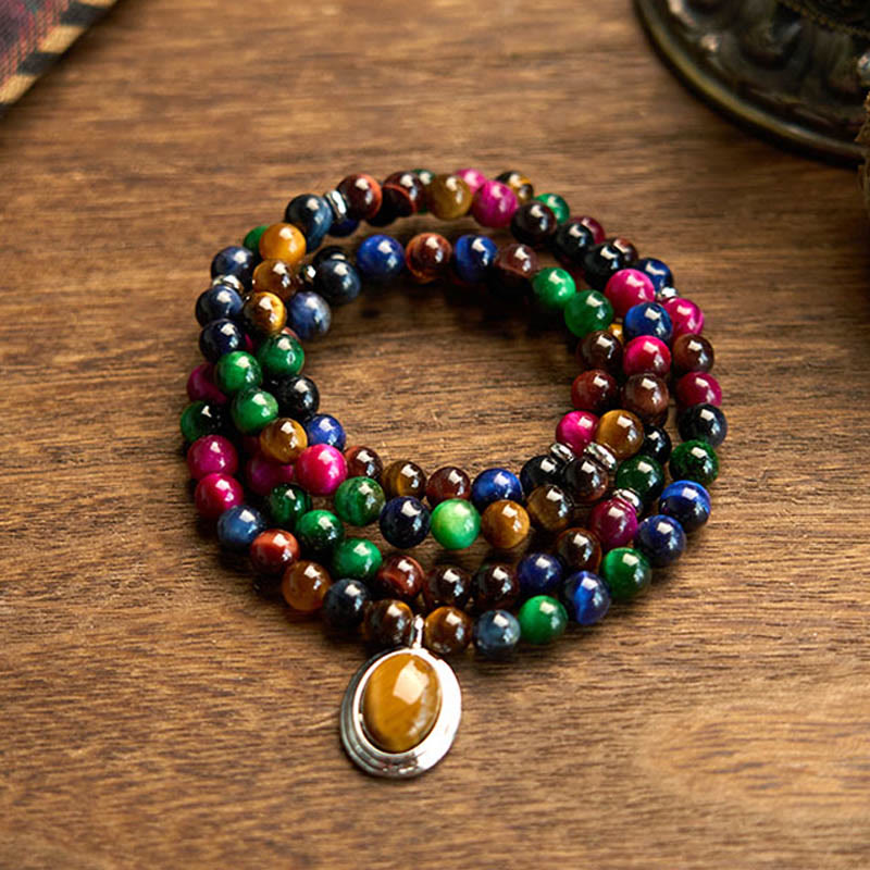 Colorful Tiger Eye Stone Multi-Turn 108-Bead Mala Bracelet — main product view