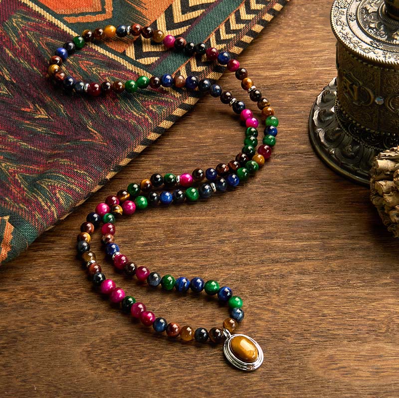 Colorful Tiger Eye Stone Multi-Turn 108-Bead Mala Bracelet — product view 2