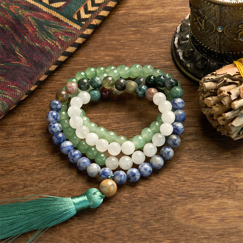 Green Aventurine Blue Spot Jasper Indian Agate 108-Bead Mala Bracelet — main product view