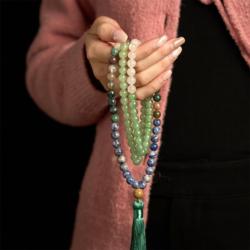 Green Aventurine Blue Spot Jasper Indian Agate 108-Bead Mala Bracelet — product view 3