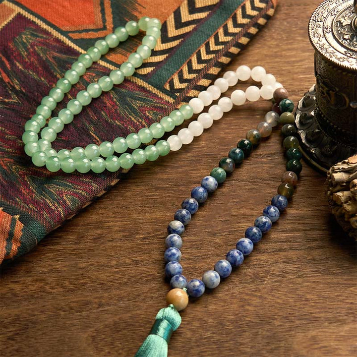 Green Aventurine Blue Spot Jasper Indian Agate 108-Bead Mala Bracelet — product view 5