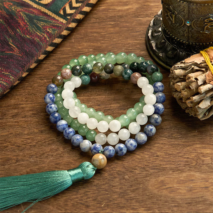 Green Aventurine Blue Spot Jasper Indian Agate 108-Bead Mala Bracelet — product view 6