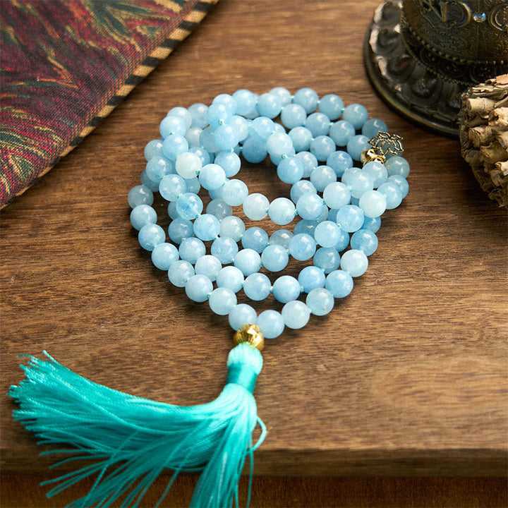 Stone Aquamarine Lotus 108-Bead Mala Bracelet — main product view
