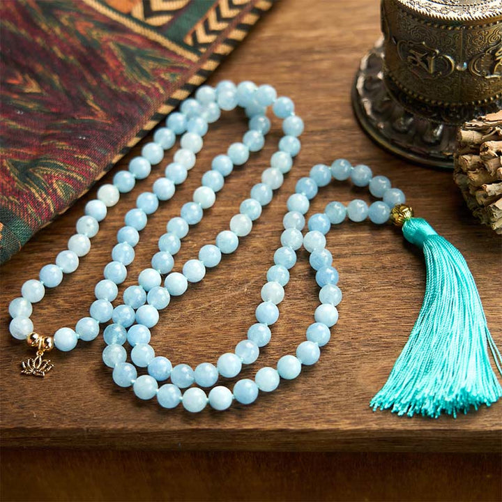 Stone Aquamarine Lotus 108-Bead Mala Bracelet — product view 3