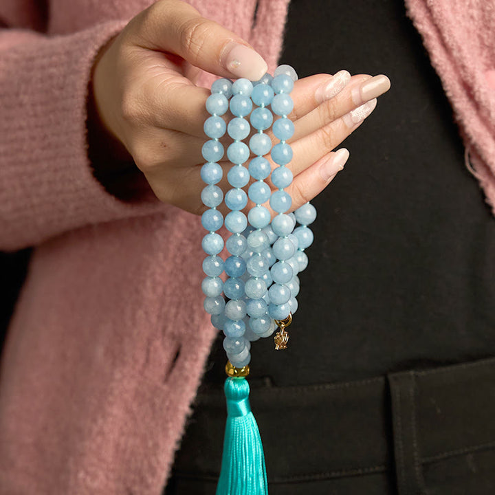 Stone Aquamarine Lotus 108-Bead Mala Bracelet — product view 4