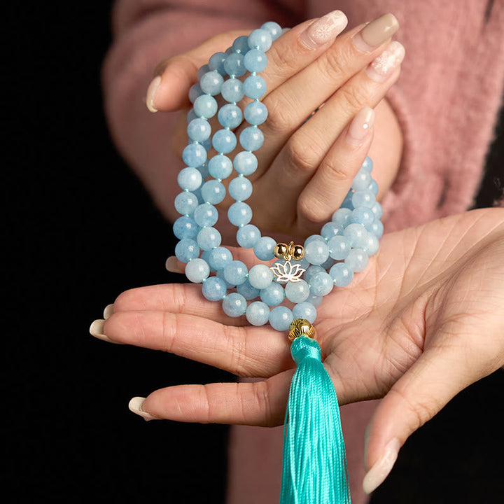 Stone Aquamarine Lotus 108-Bead Mala Bracelet — product view 5