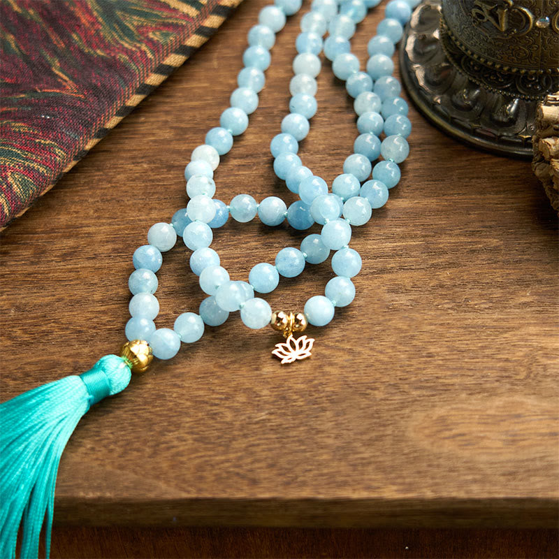 Stone Aquamarine Lotus 108-Bead Mala Bracelet — product view 7