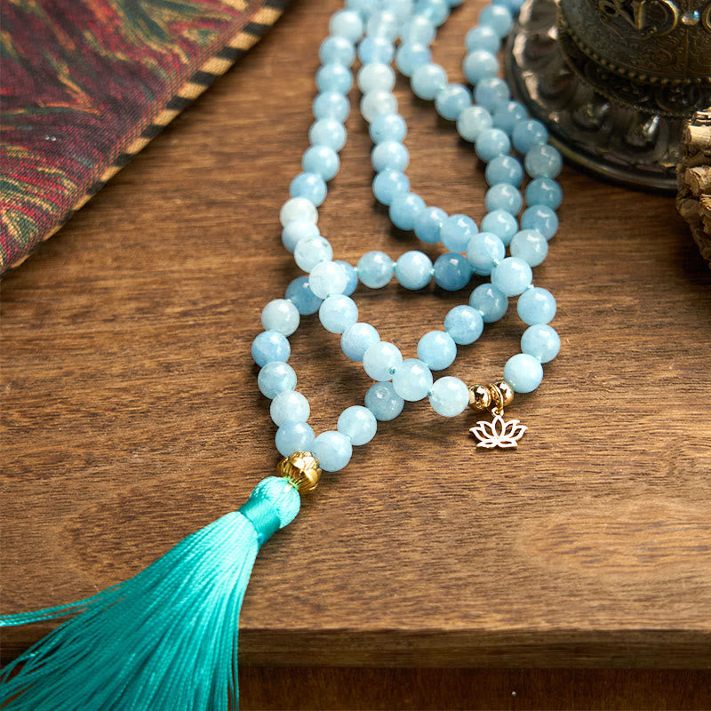 Stone Aquamarine Lotus 108-Bead Mala Bracelet — product view 8