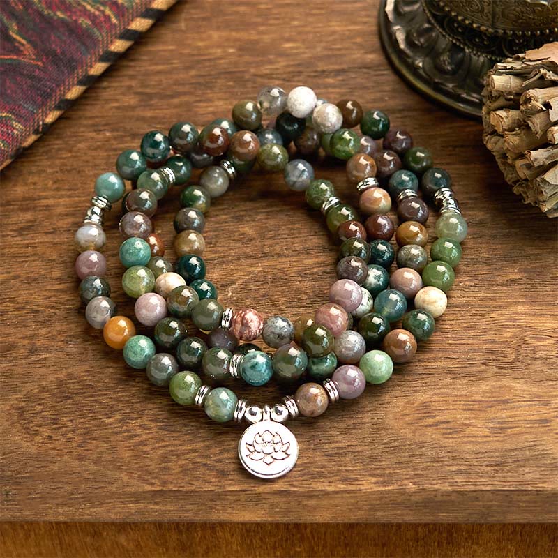 Stone Indian Agate Lotus 108-Bead Mala Bracelet — main product view