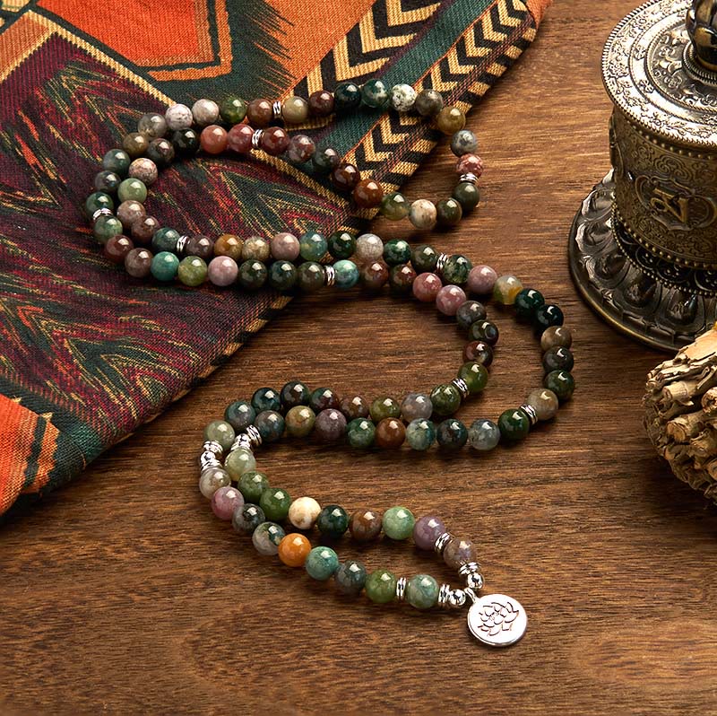 Stone Indian Agate Lotus 108-Bead Mala Bracelet — product view 2