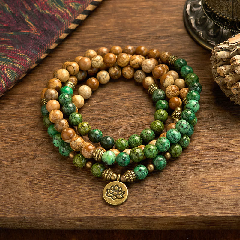 Stone Picture Jasper Turquoise Lotus 108-Bead Mala Bracelet — main product view