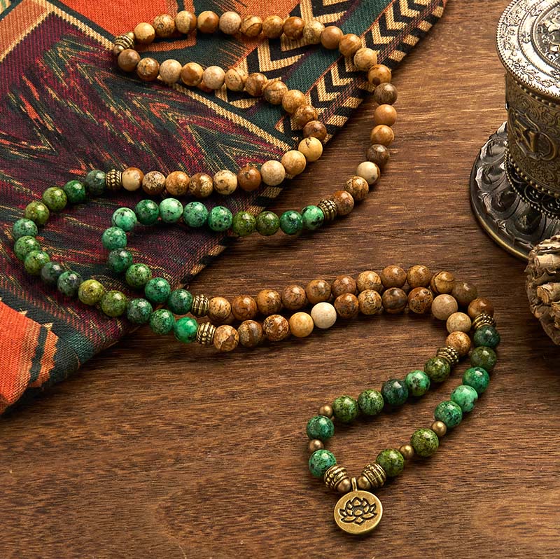 Stone Picture Jasper Turquoise Lotus 108-Bead Mala Bracelet — product view 2