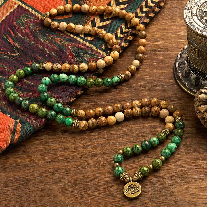 Stone Picture Jasper Turquoise Lotus 108-Bead Mala Bracelet — product view 2