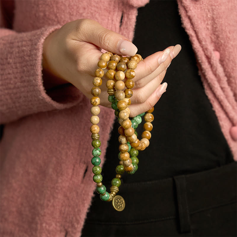 Stone Picture Jasper Turquoise Lotus 108-Bead Mala Bracelet — product view 3