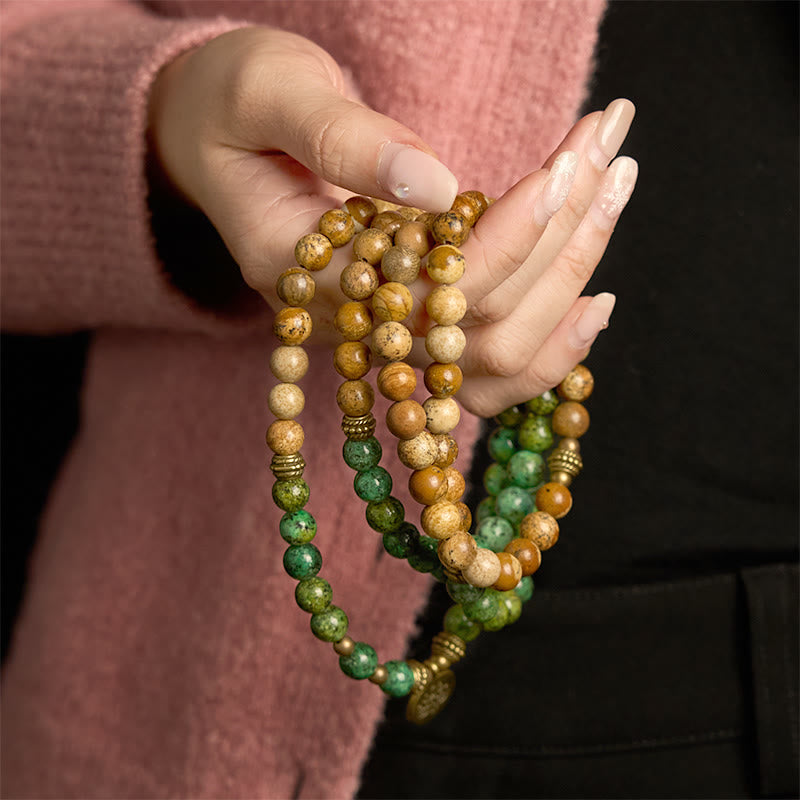 Stone Picture Jasper Turquoise Lotus 108-Bead Mala Bracelet — product view 4