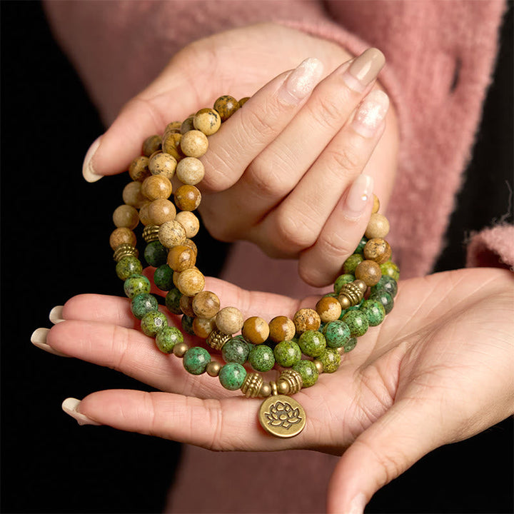 Stone Picture Jasper Turquoise Lotus 108-Bead Mala Bracelet — product view 5