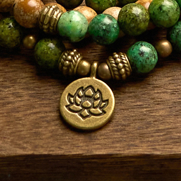Stone Picture Jasper Turquoise Lotus 108-Bead Mala Bracelet — product view 8
