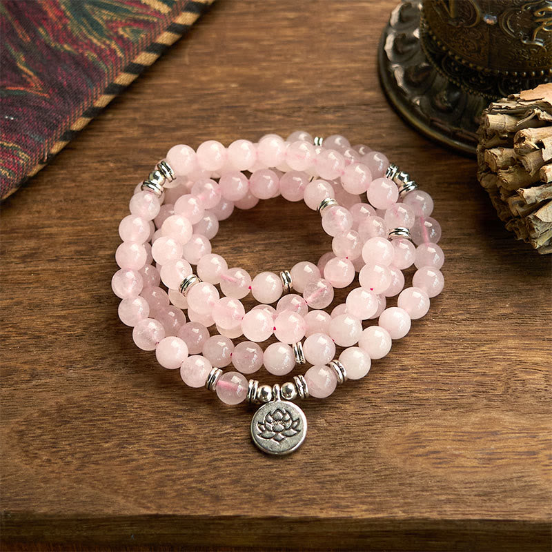 Stone Rose Quartz Lotus 108-Bead Mala Bracelet — main product view