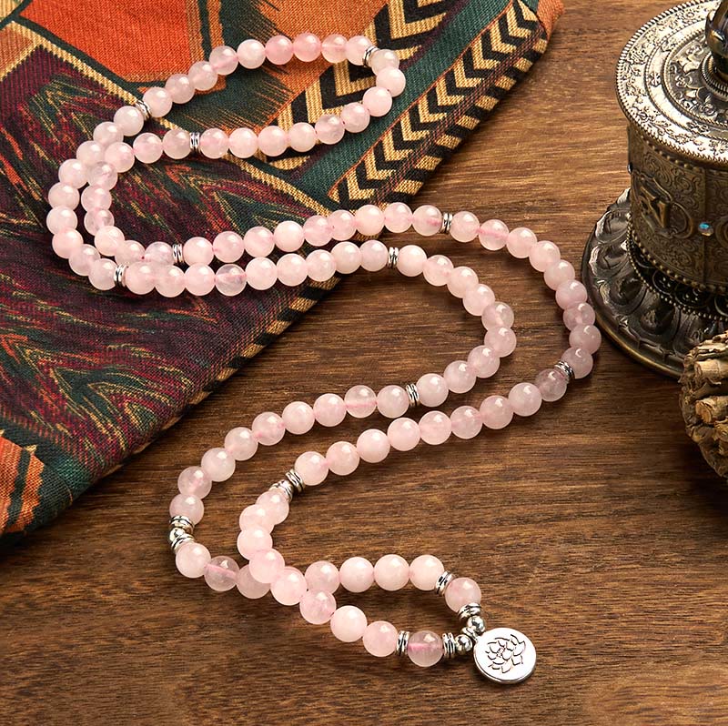 Stone Rose Quartz Lotus 108-Bead Mala Bracelet — product view 2