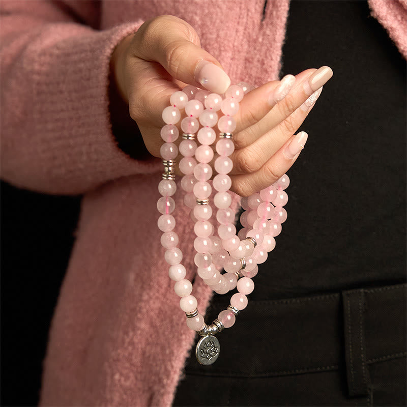 Stone Rose Quartz Lotus 108-Bead Mala Bracelet — product view 3
