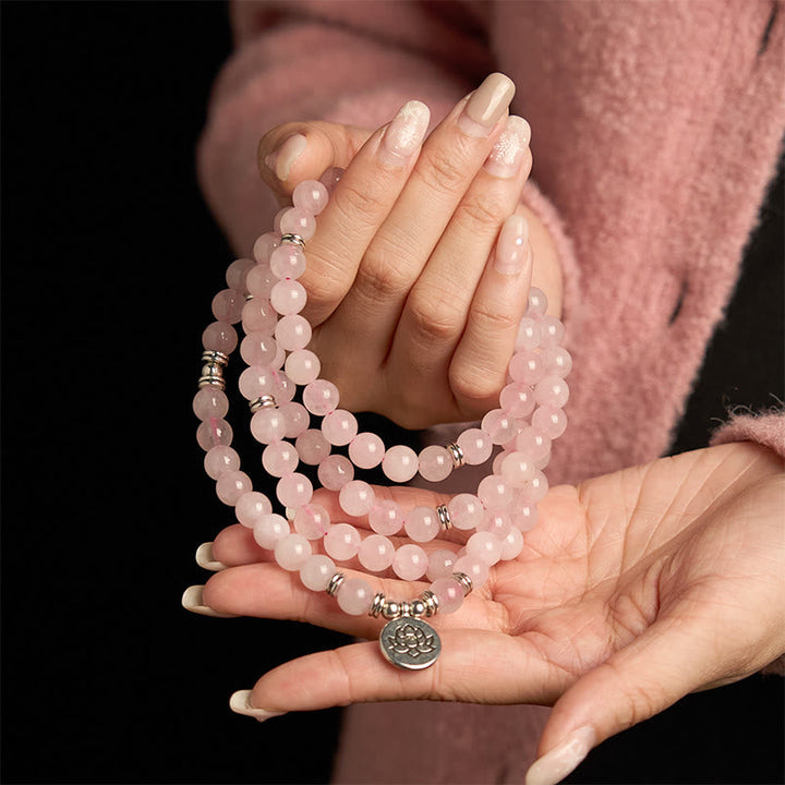 Stone Rose Quartz Lotus 108-Bead Mala Bracelet — product view 4