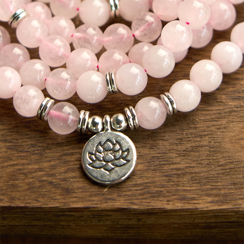 Stone Rose Quartz Lotus 108-Bead Mala Bracelet — product view 7