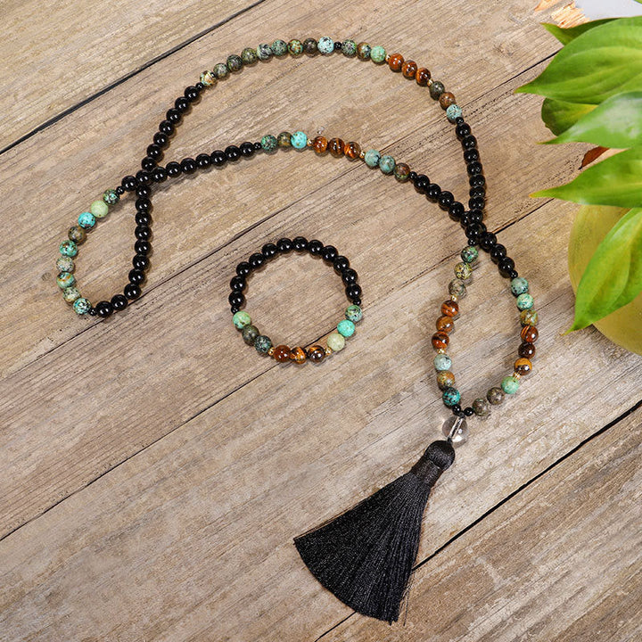 Stone Tiger Eye Turquoise 108-Bead Mala Necklace & Bracelet — main product view