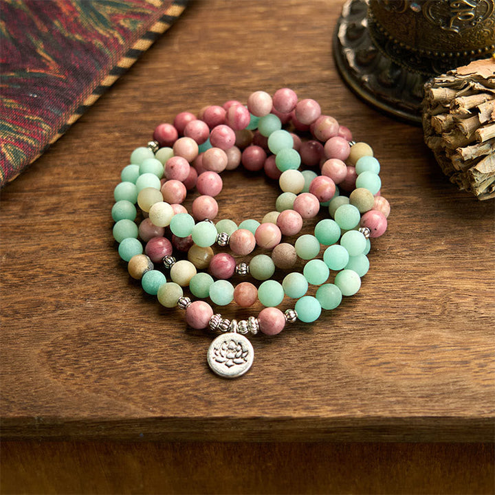 Rhodonite Amazonite Lotus 108-Bead Mala Bracelet — main product view