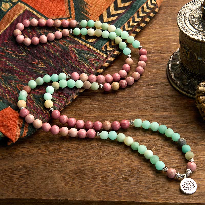 Rhodonite Amazonite Lotus 108-Bead Mala Bracelet — product view 2