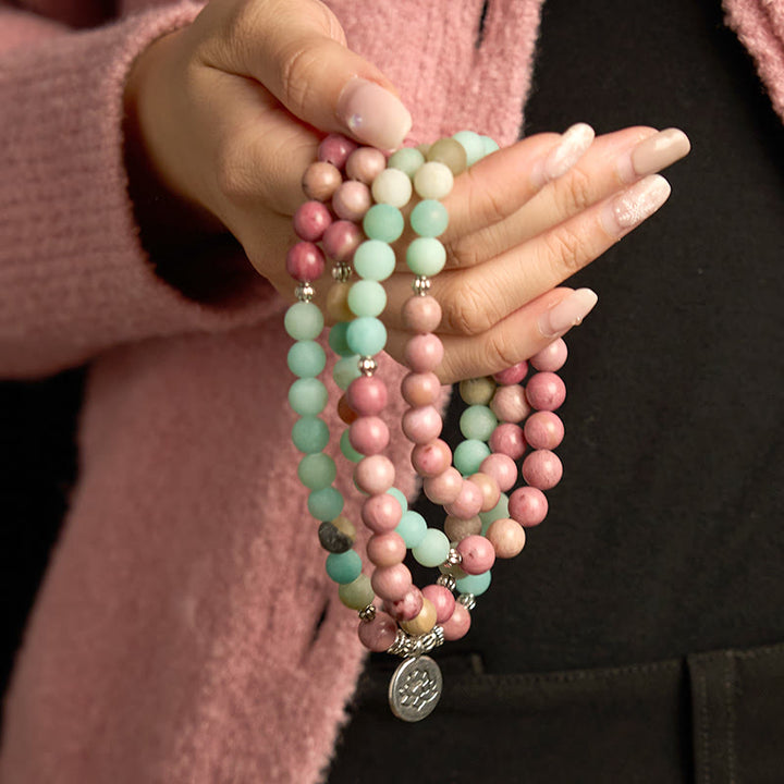 Rhodonite Amazonite Lotus 108-Bead Mala Bracelet — product view 3