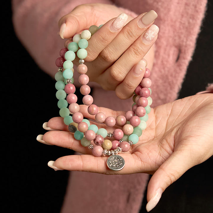 Rhodonite Amazonite Lotus 108-Bead Mala Bracelet — product view 4