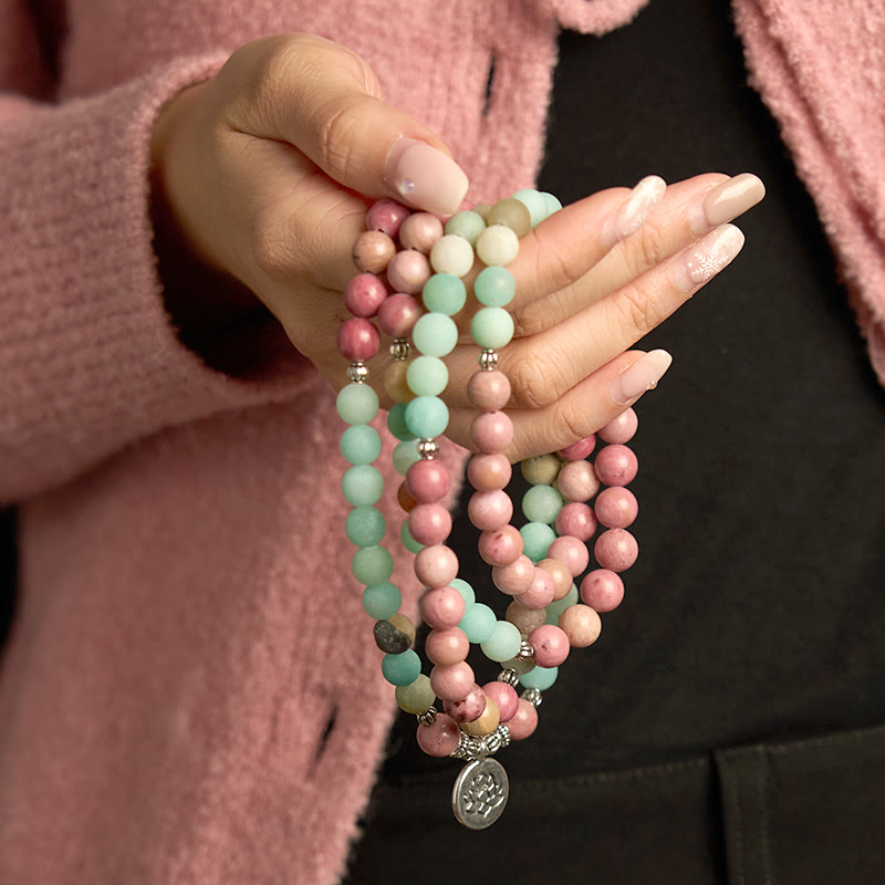 Rhodonite Amazonite Lotus 108-Bead Mala Bracelet — product view 5