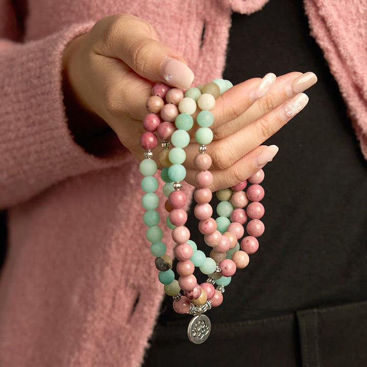 Rhodonite Amazonite Lotus 108-Bead Mala Bracelet — product view 5