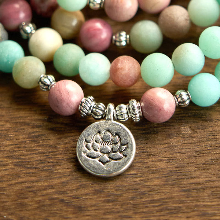 Rhodonite Amazonite Lotus 108-Bead Mala Bracelet — product view 6