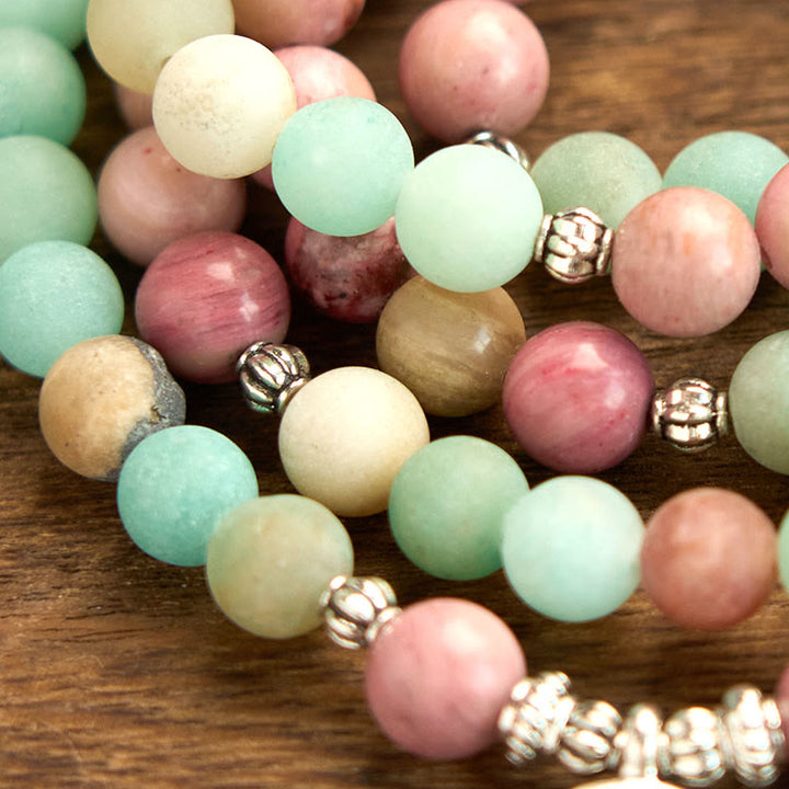 Rhodonite Amazonite Lotus 108-Bead Mala Bracelet — product view 7