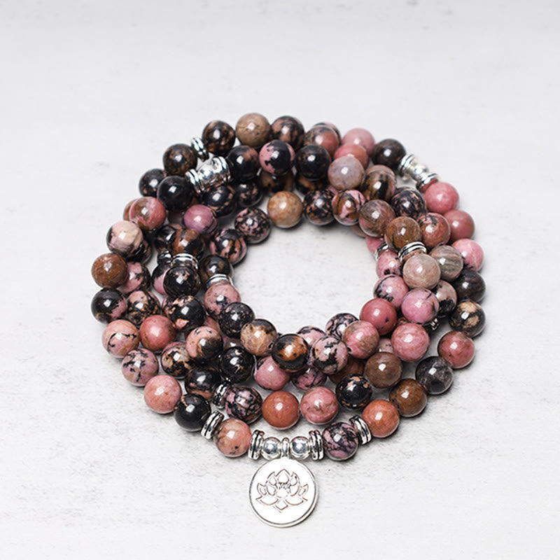 Rhodonite Lotus 108-Bead Mala Bracelet — main product view