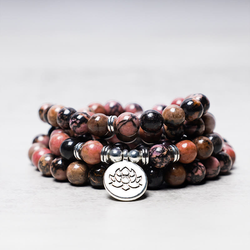 Rhodonite Lotus 108-Bead Mala Bracelet — product view 2