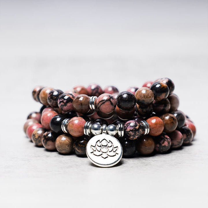 Rhodonite Lotus 108-Bead Mala Bracelet — product view 2