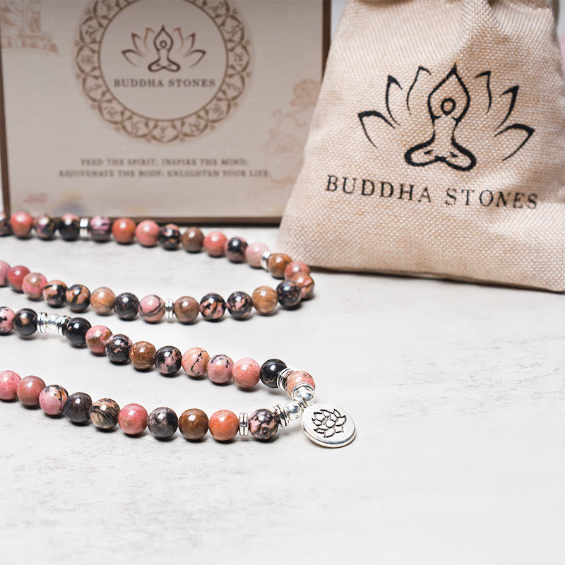 Rhodonite Lotus 108-Bead Mala Bracelet — product view 5