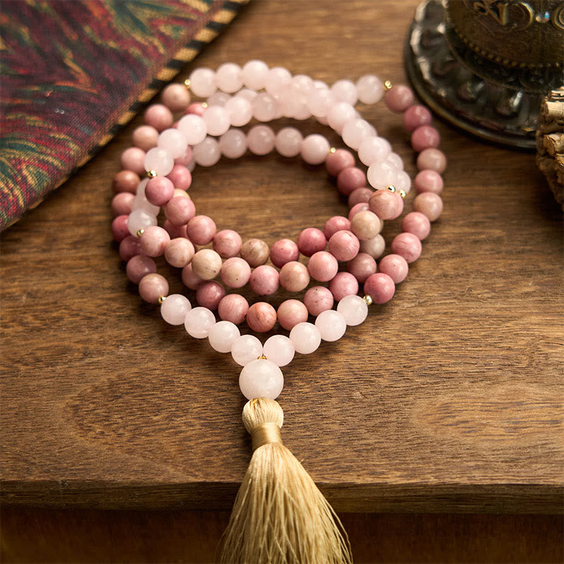 Rhodonite Rose Quartz 108-Bead Mala Bracelet — main product view