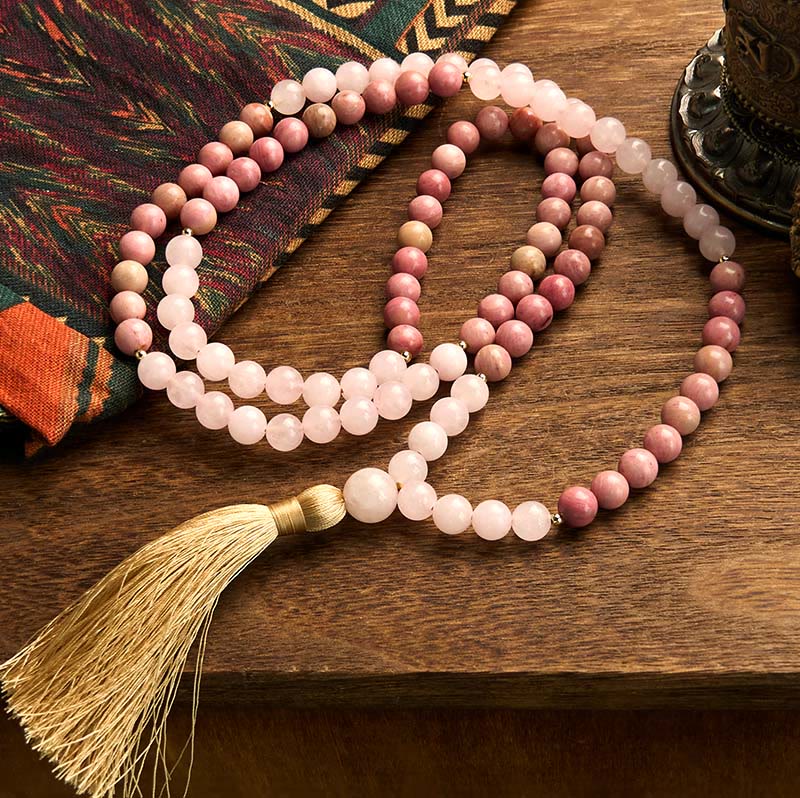 Rhodonite Rose Quartz 108-Bead Mala Bracelet — product view 2