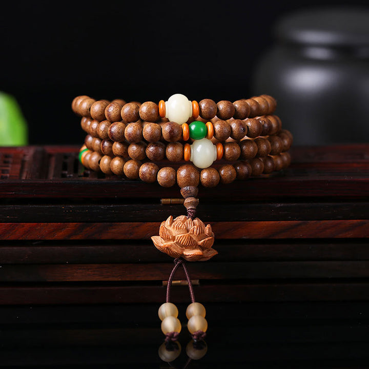 Peach Wood Bodhi Seed Lotus 108-Bead Mala Bracelet — main product view