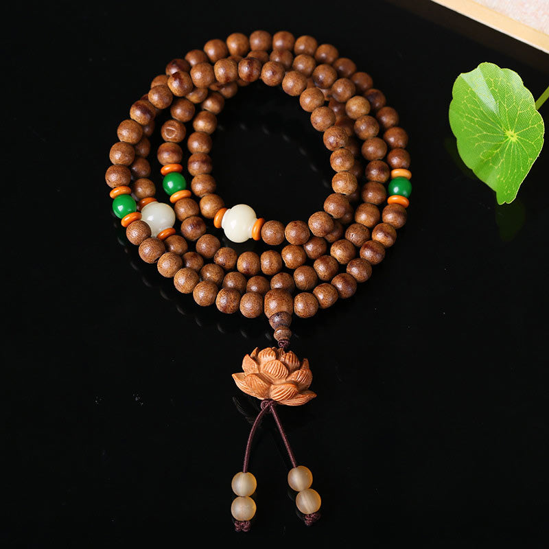 Peach Wood Bodhi Seed Lotus 108-Bead Mala Bracelet — product view 4