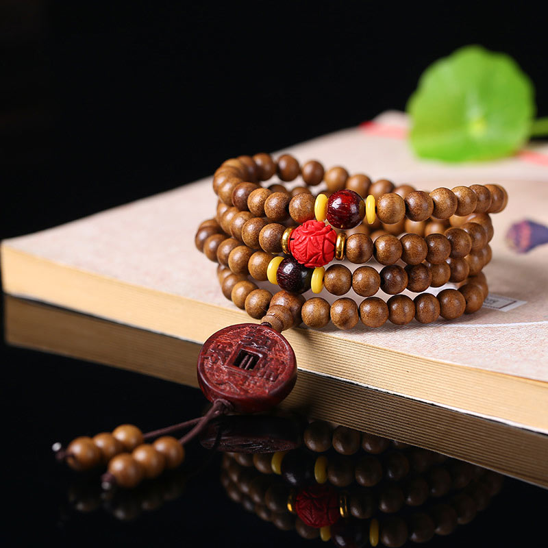 Peach Wood Bodhi Seed Lotus 108-Bead Mala Bracelet — product view 5