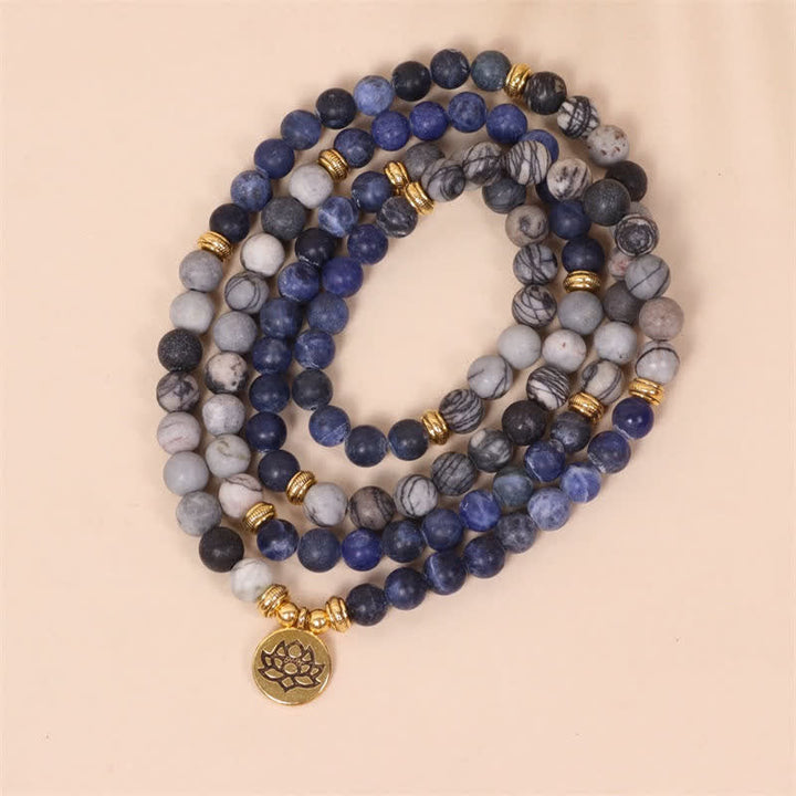 Sodalite Zebra Jasper Crystal Lotus 108-Bead Mala Bracelet — product view 2