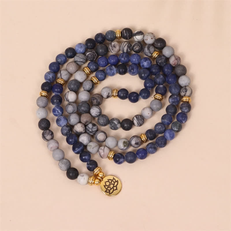 Sodalite Zebra Jasper Crystal Lotus 108-Bead Mala Bracelet — product view 3
