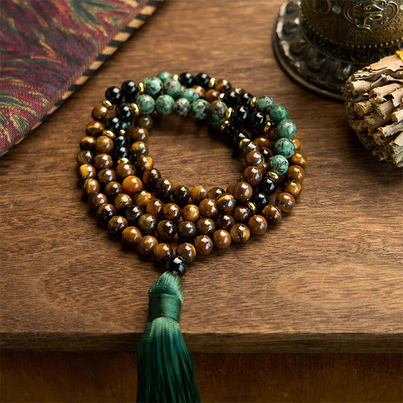 Stone Tiger Eye Turquoise Beads 108-Bead Mala Bracelet — main product view