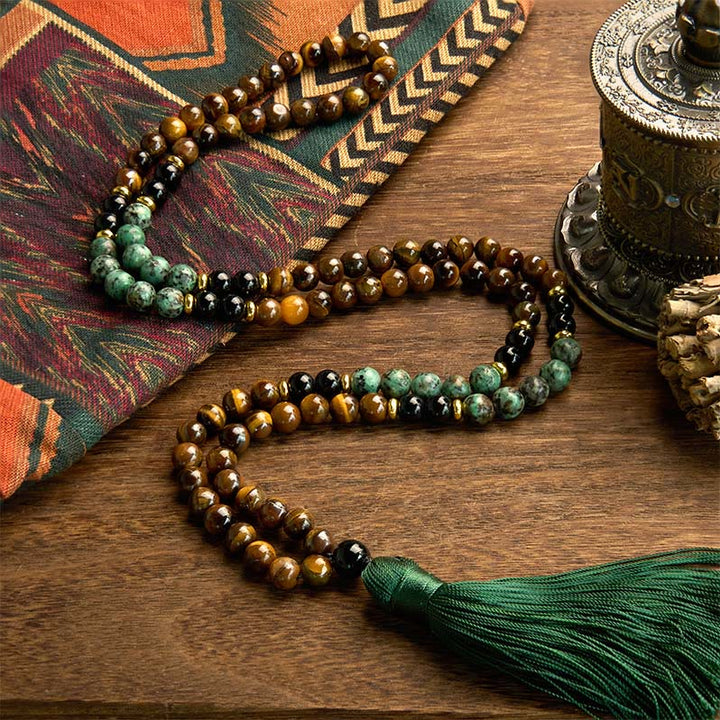 Stone Tiger Eye Turquoise Beads 108-Bead Mala Bracelet — product view 2