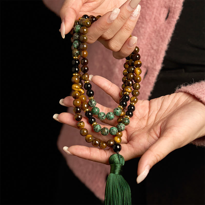 Stone Tiger Eye Turquoise Beads 108-Bead Mala Bracelet — product view 3