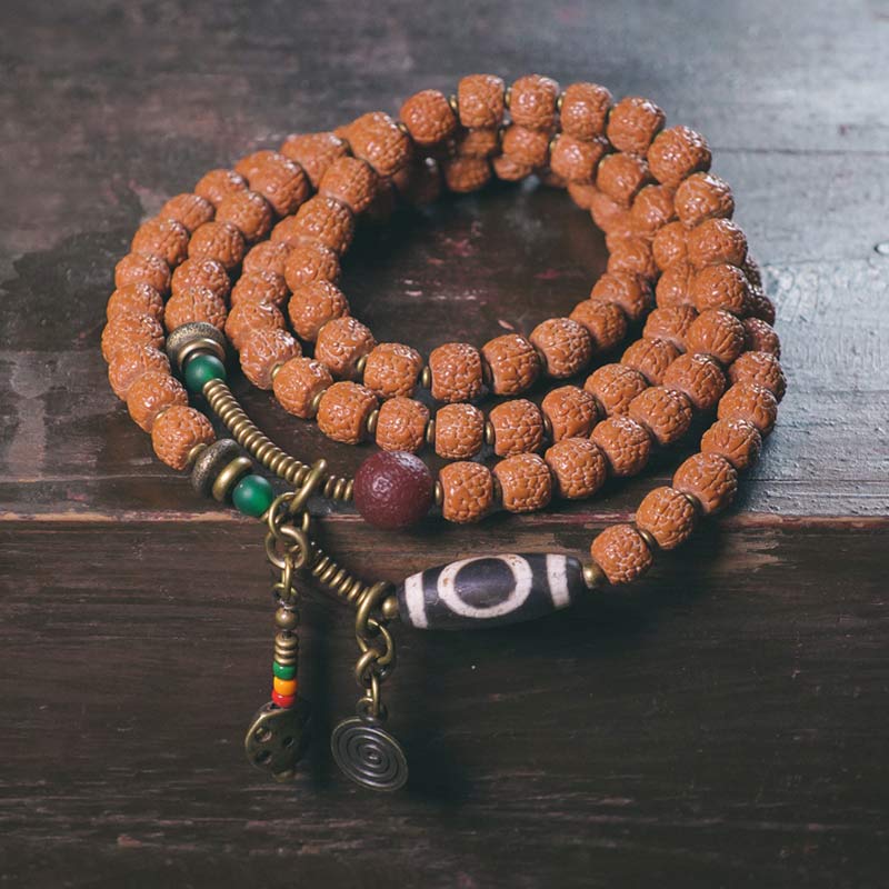Rudraksha Beads Bodhi Seed Dzi Bead 108-Bead Mala Bracelet — main product view